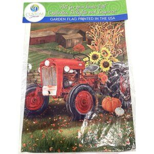 Red Farm Tractor Fall Garden Flag Pumpkin Sunflower Rustic Thanksgiving Decor